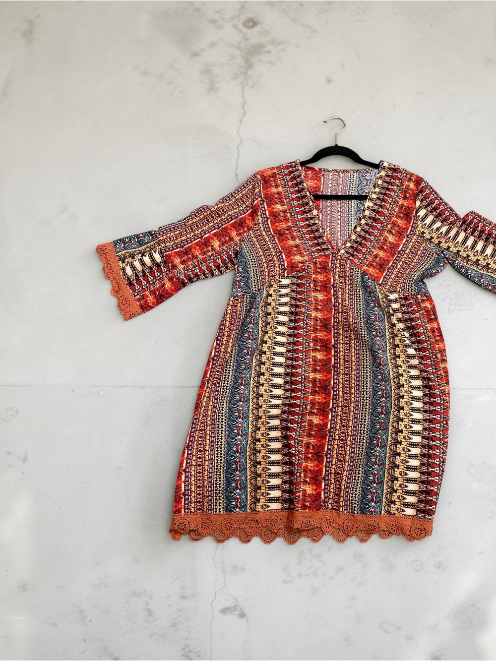 Boho Printed V-Neck Dress Crochet Lace Trim Bell Sleeve Orange Red Multicolor - Picture 8 of 9